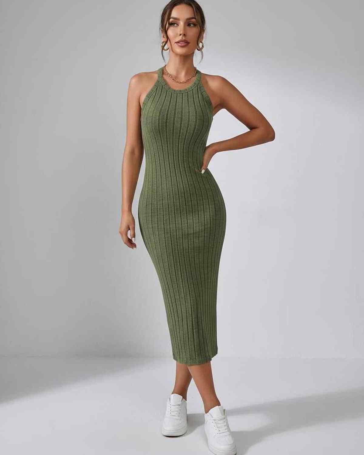 Ramblion Mia midi dress — crew neck neckline · lifestyle styling · styled for cocktail season