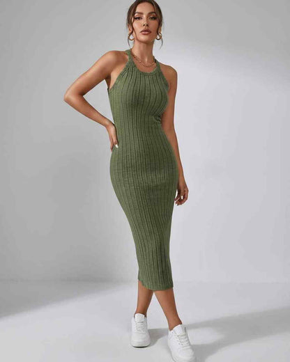 Ramblion Mia midi dress — crew neck neckline · fabric close-up · styled for cocktail season