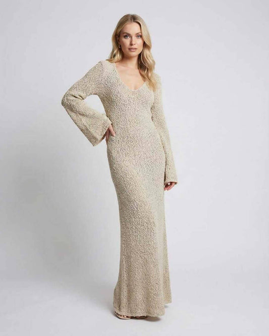 Minori Maxi Dress featuring a beige ankle-length design, soft knit fabric, perfect for casual or chic occasions by RAMBLION.