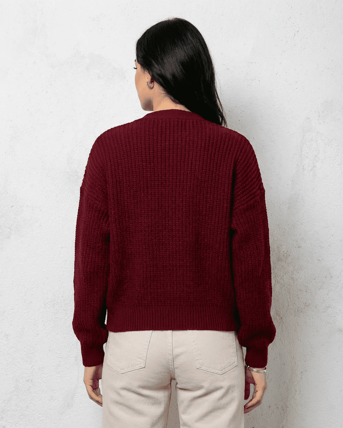 Mira Cardigan back view, burgundy knit, relaxed silhouette, perfect for casual outings, by RAMBLION.