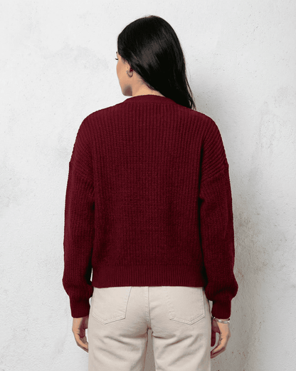 Mira Cardigan back view, burgundy knit, relaxed silhouette, perfect for casual outings, by RAMBLION.