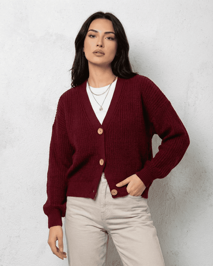 Mira Cardigan in vibrant red, V-neck, long sleeves, stylish knitwear by RAMBLION, perfect for warmth and sophistication.