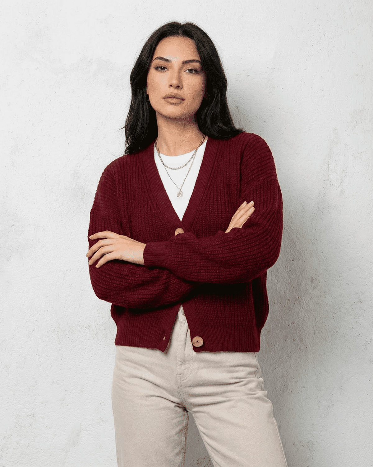 Mira Cardigan in vibrant red, V-neck, stylish knitwear, perfect for casual occasions by RAMBLION.