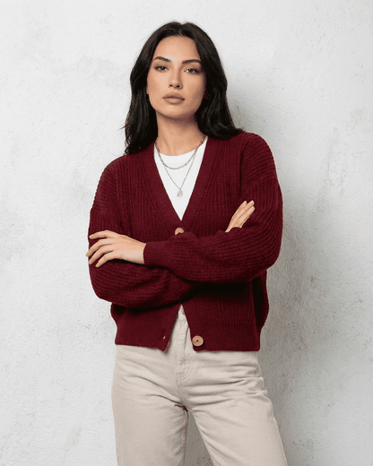 Mira Cardigan in vibrant red, V-neck, stylish knitwear, perfect for casual occasions by RAMBLION.