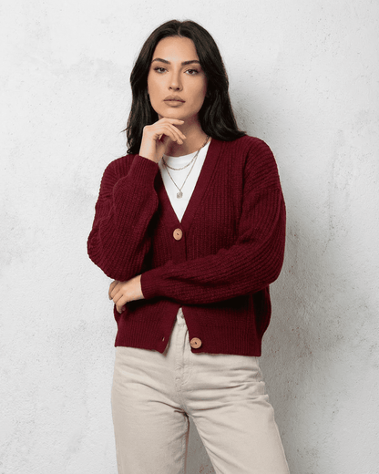 Mira Cardigan in red, V-neck, chic knitwear by RAMBLION, perfect for cozy occasions and stylish layering.