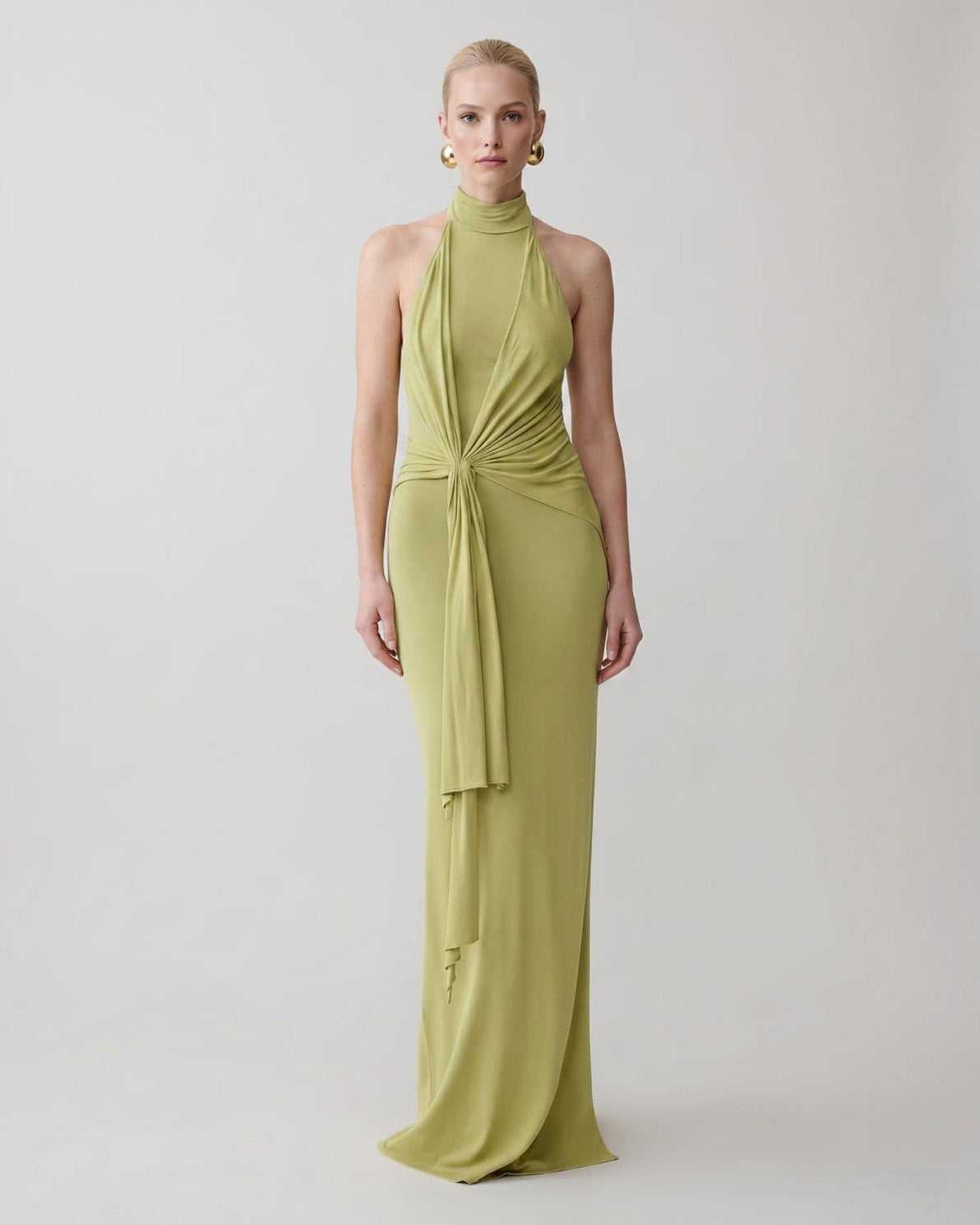 Ramblion Mira maxi dress — halter neckline · front view · styled for prom season