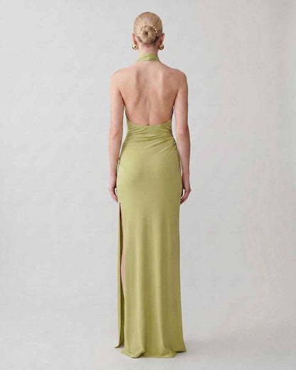 Ramblion Mira maxi dress — halter neckline · side detail · styled for prom season