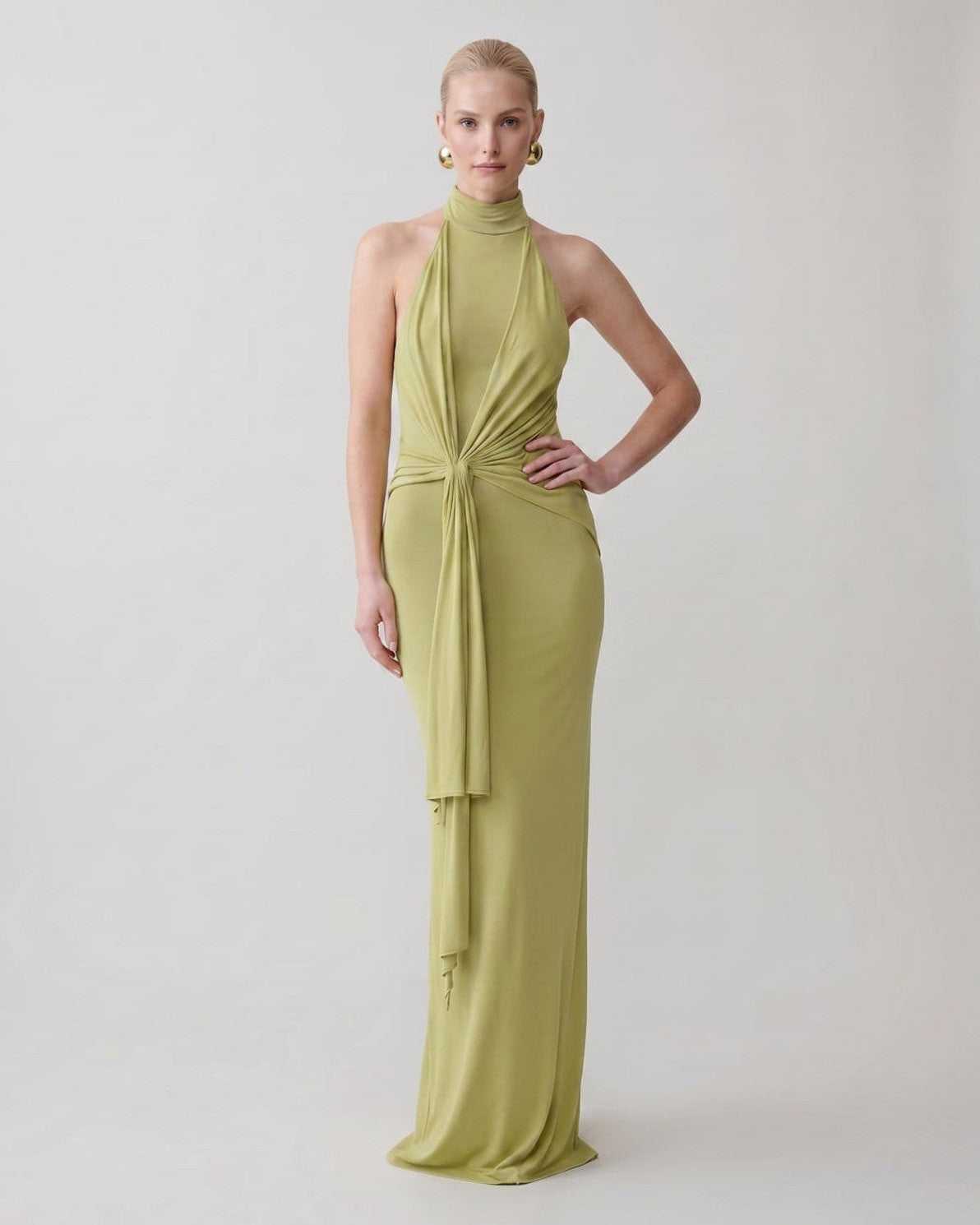 Ramblion Mira maxi dress — halter neckline · back view · styled for prom season