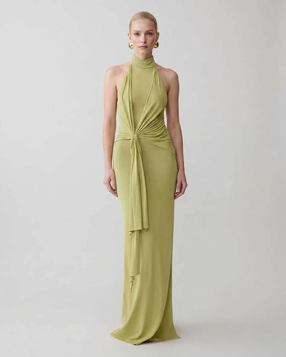 Green,gray,white,beige Bodycon Halter Sleeveless Maxi Dress | Black-Tie Events & Cocktail Hour, front view | Ramblion