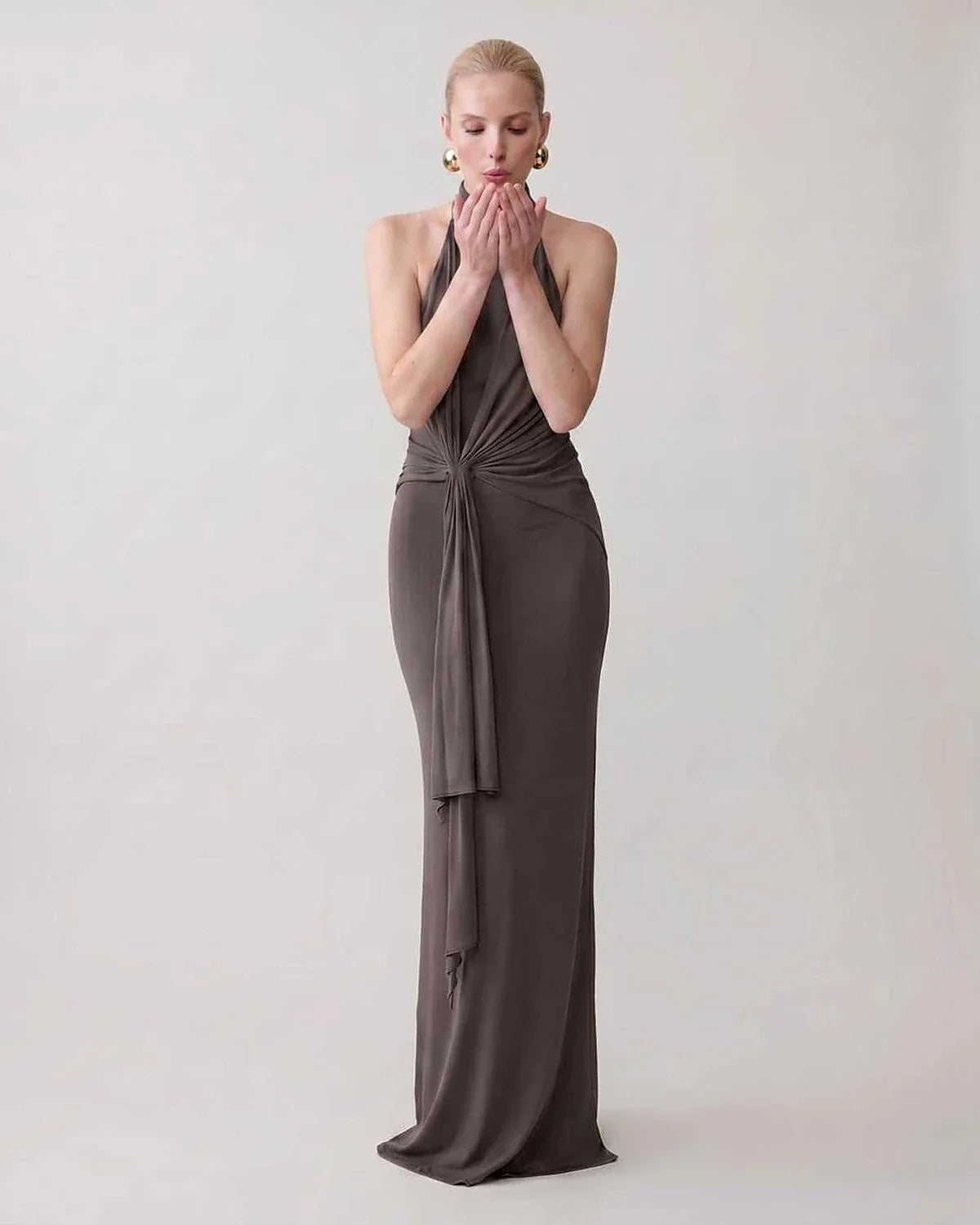 Green,gray,white,beige Bodycon Halter Sleeveless Maxi Dress | Black-Tie Events & Cocktail Hour, front view | Ramblion | SKU: RB-C13299-BEIGE-L,RB-C13299-BEIGE-M,RB-C13299-BEIGE-S,RB-C13299-BEIGE-XL,RB-C13299-BEIGE-XS