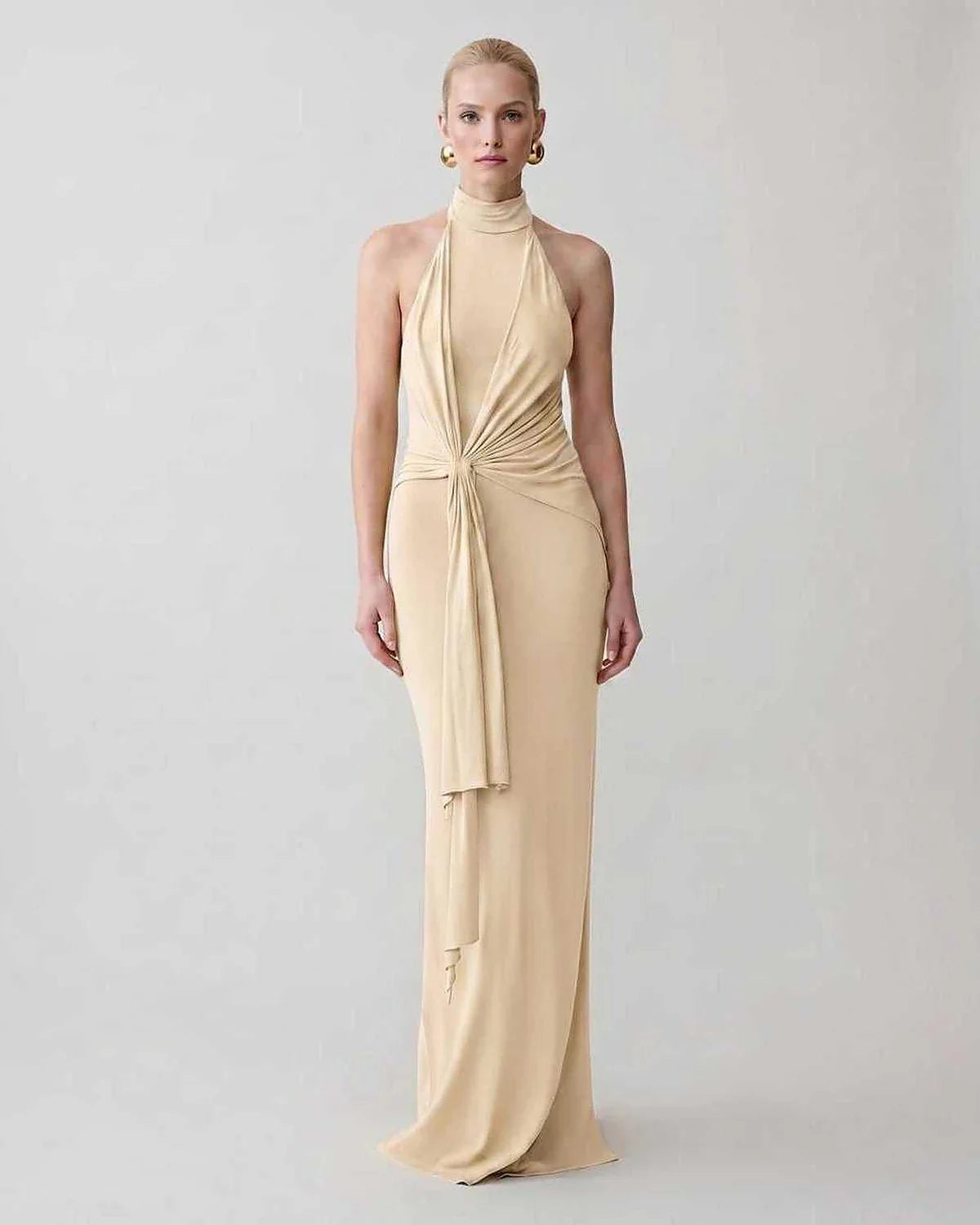 Green,gray,white,beige Bodycon Halter Sleeveless Maxi Dress | Black-Tie Events & Cocktail Hour, front view | Ramblion | SKU: RB-C13299-BEIGE-L,RB-C13299-BEIGE-M,RB-C13299-BEIGE-S,RB-C13299-BEIGE-XL,RB-C13299-BEIGE-XS