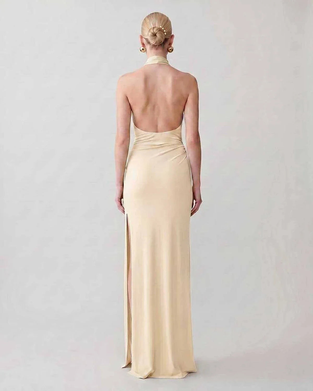 Green,gray,white,beige Bodycon Halter Sleeveless Maxi Dress | Black-Tie Events & Cocktail Hour, back view | Ramblion | SKU: RB-C13299-BEIGE-L,RB-C13299-BEIGE-M,RB-C13299-BEIGE-S,RB-C13299-BEIGE-XL,RB-C13299-BEIGE-XS