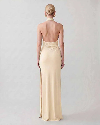 Green,gray,white,beige Bodycon Halter Sleeveless Maxi Dress | Black-Tie Events & Cocktail Hour, back view | Ramblion | SKU: RB-C13299-BEIGE-L,RB-C13299-BEIGE-M,RB-C13299-BEIGE-S,RB-C13299-BEIGE-XL,RB-C13299-BEIGE-XS