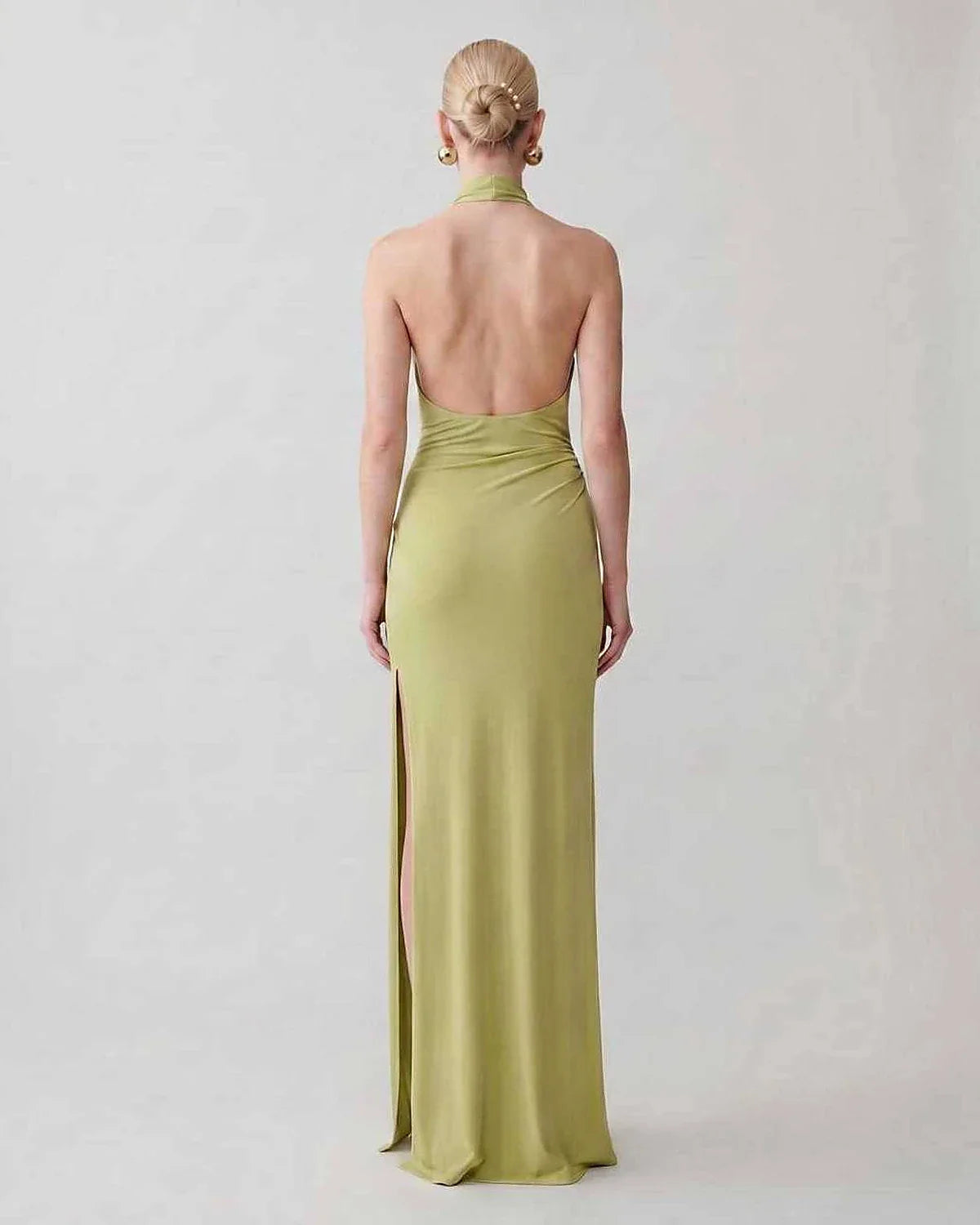 Green,gray,white,beige Bodycon Halter Sleeveless Maxi Dress | Black-Tie Events & Cocktail Hour, back view | Ramblion | SKU: RB-C13299-GREEN-L,RB-C13299-GREEN-M,RB-C13299-GREEN-S,RB-C13299-GREEN-XL,RB-C13299-GREEN-XS