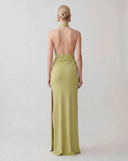 Green,gray,white,beige Bodycon Halter Sleeveless Maxi Dress | Black-Tie Events & Cocktail Hour, back view | Ramblion | SKU: RB-C13299-GREEN-L,RB-C13299-GREEN-M,RB-C13299-GREEN-S,RB-C13299-GREEN-XL,RB-C13299-GREEN-XS