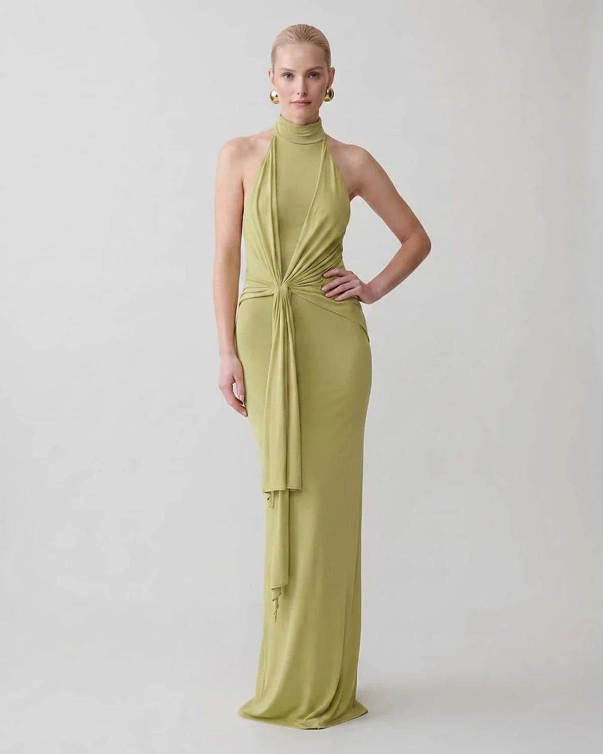Green,gray,white,beige Bodycon Halter Sleeveless Maxi Dress | Black-Tie Events & Cocktail Hour, front view | Ramblion | SKU: RB-C13299-BEIGE-L,RB-C13299-BEIGE-M,RB-C13299-BEIGE-S,RB-C13299-BEIGE-XL,RB-C13299-BEIGE-XS