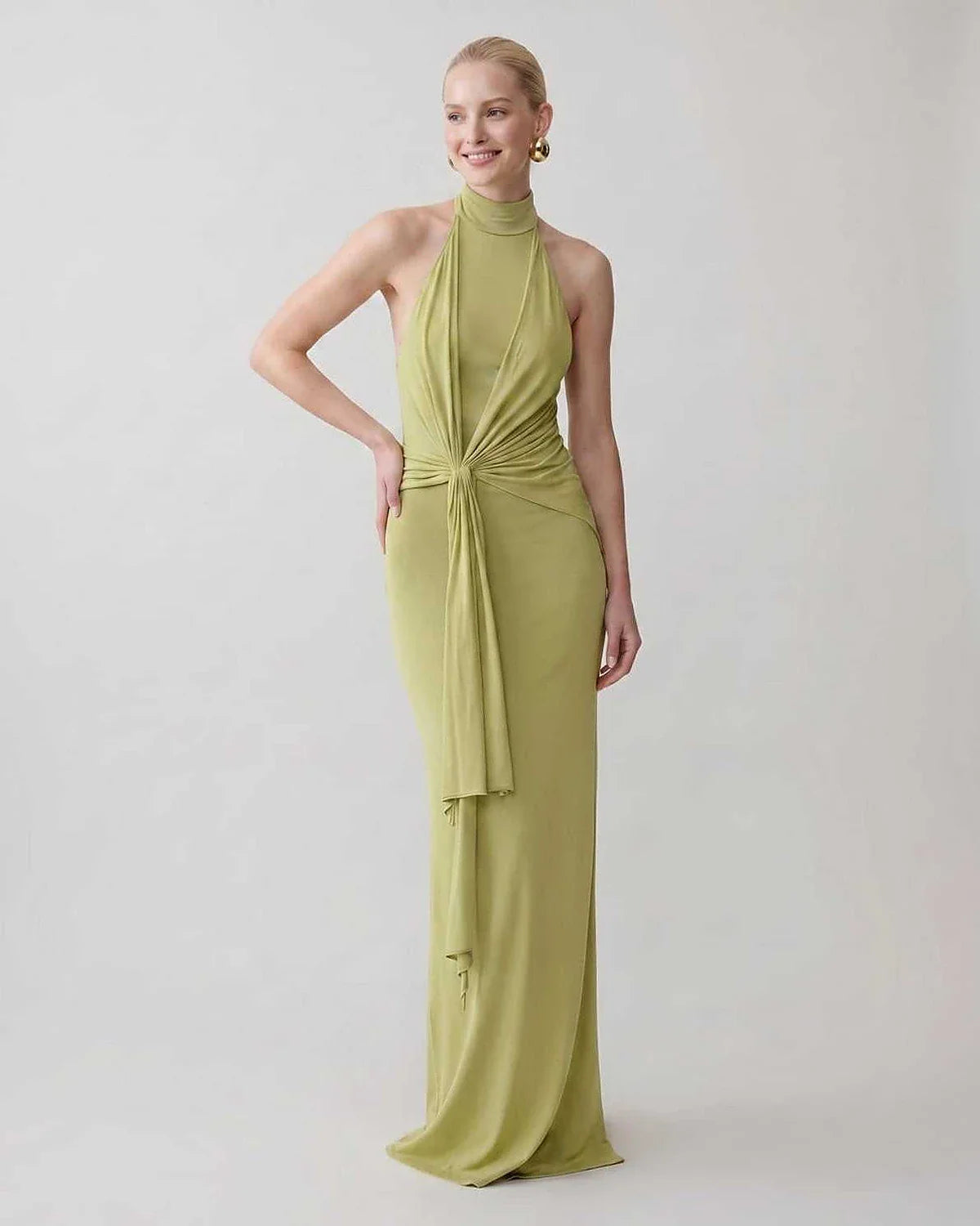 Green,gray,white,beige Bodycon Halter Sleeveless Maxi Dress | Black-Tie Events & Cocktail Hour, front view | Ramblion | SKU: RB-C13299-GREEN-L,RB-C13299-GREEN-M,RB-C13299-GREEN-S,RB-C13299-GREEN-XL,RB-C13299-GREEN-XS