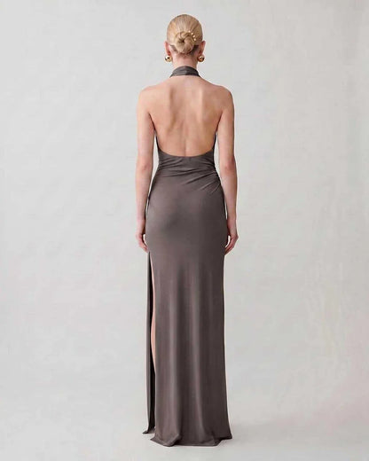 Green,gray,white,beige Bodycon Halter Sleeveless Maxi Dress | Black-Tie Events & Cocktail Hour, back view | Ramblion | SKU: RB-C13299-BEIGE-L,RB-C13299-BEIGE-M,RB-C13299-BEIGE-S,RB-C13299-BEIGE-XL,RB-C13299-BEIGE-XS