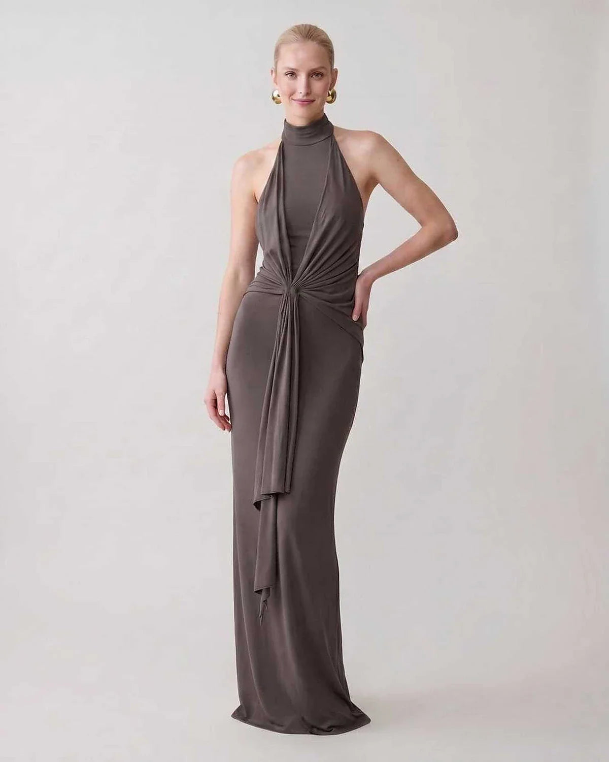 Green,gray,white,beige Bodycon Halter Sleeveless Maxi Dress | Black-Tie Events & Cocktail Hour, front view | Ramblion | SKU: RB-C13299-BEIGE-L,RB-C13299-BEIGE-M,RB-C13299-BEIGE-S,RB-C13299-BEIGE-XL,RB-C13299-BEIGE-XS