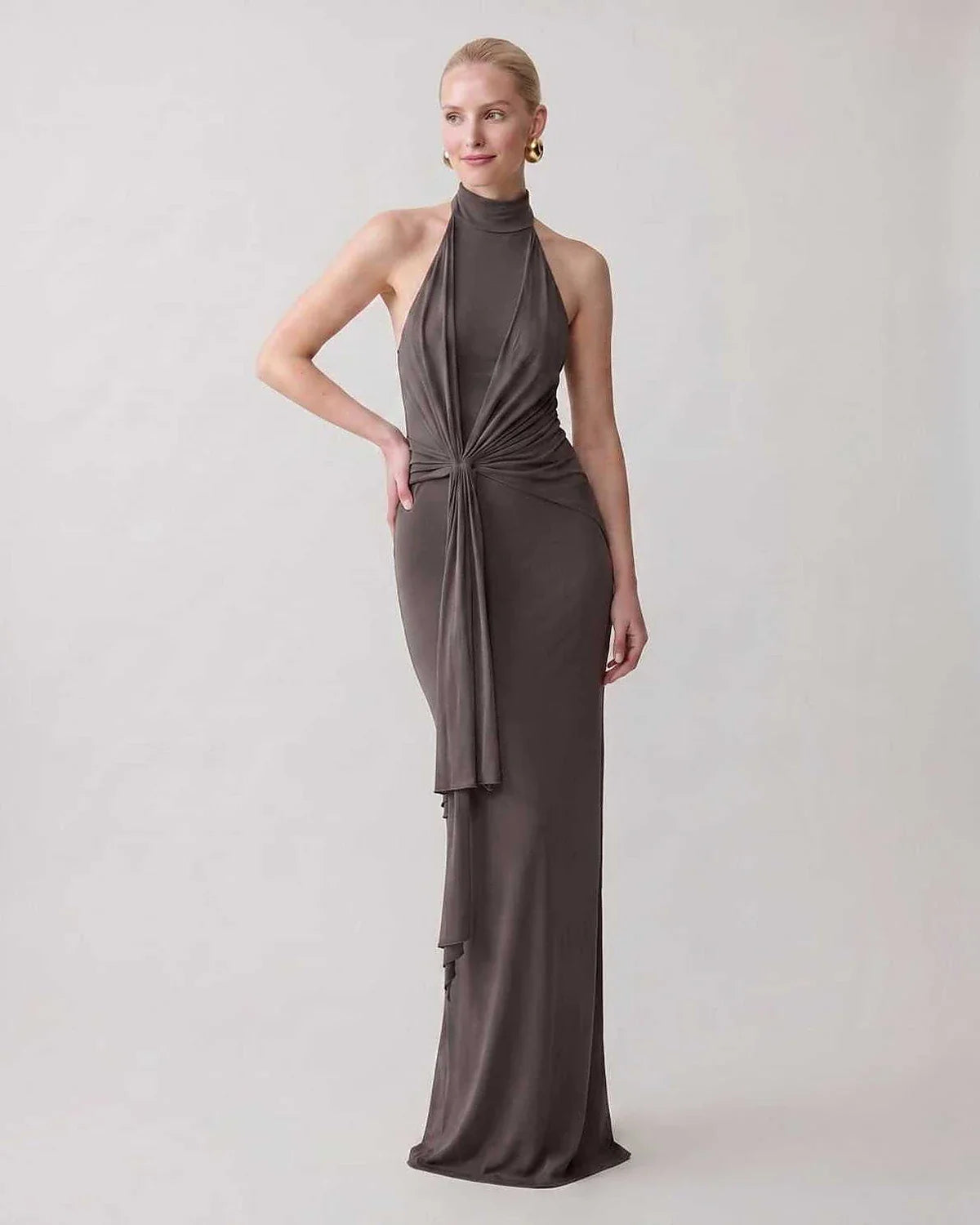 Green,gray,white,beige Bodycon Halter Sleeveless Maxi Dress | Black-Tie Events & Cocktail Hour, front view | Ramblion | SKU: RB-C13299-GRAY-L,RB-C13299-GRAY-M,RB-C13299-GRAY-S,RB-C13299-GRAY-XL,RB-C13299-GRAY-XS
