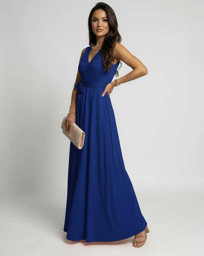Mona Maxi Dress - Elegant blue ankle-length, V-neck design perfect for special occasions by RAMBLION.