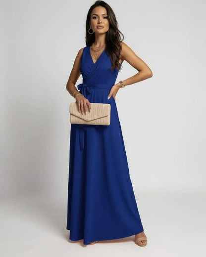 Mona Maxi Dress in elegant blue, V-neck design, 100% polyester satin, perfect for sophisticated occasions by RAMBLION.