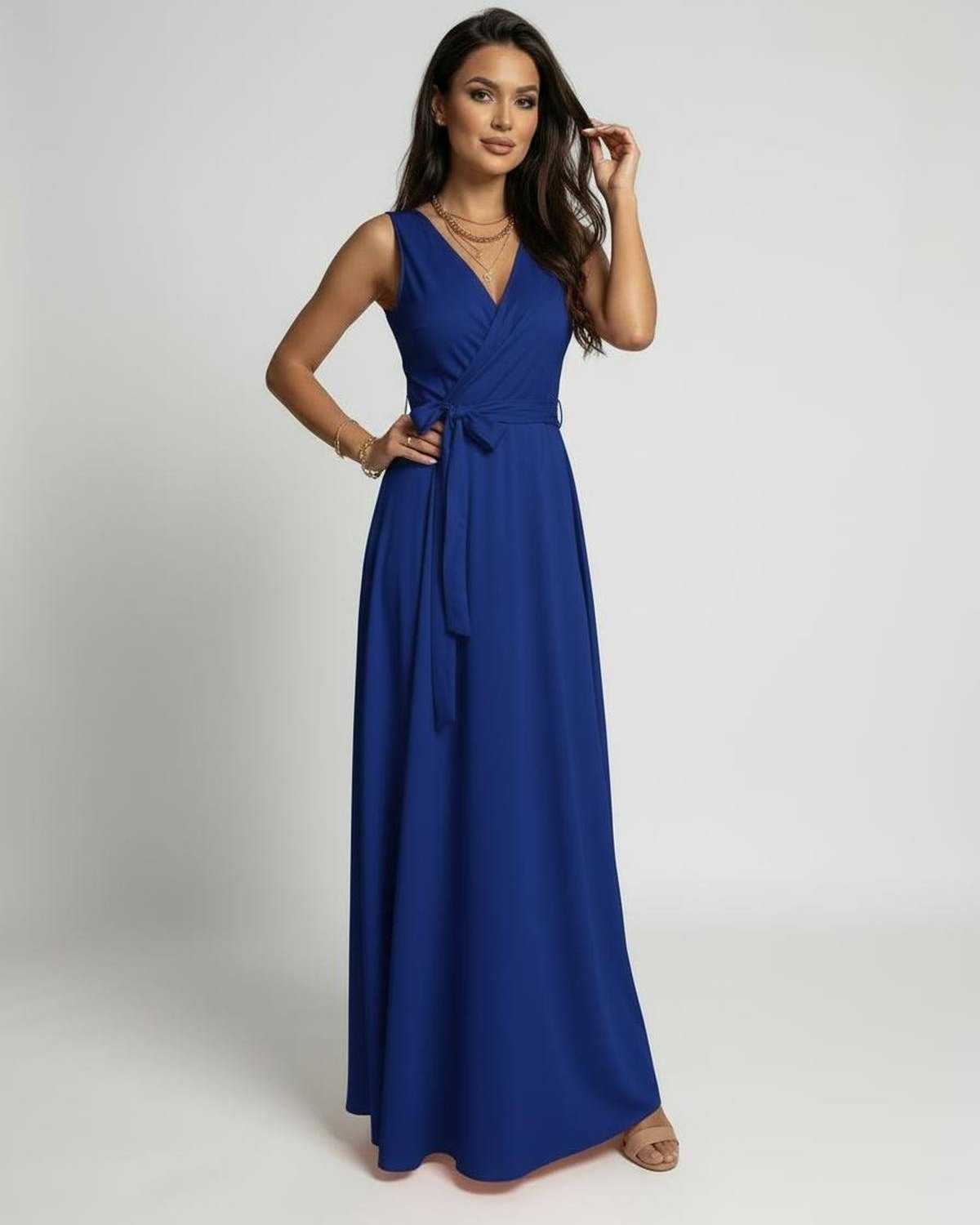 Mona Maxi Dress by RAMBLION, elegant blue V-neck ankle-length dress, perfect for sophisticated occasions.