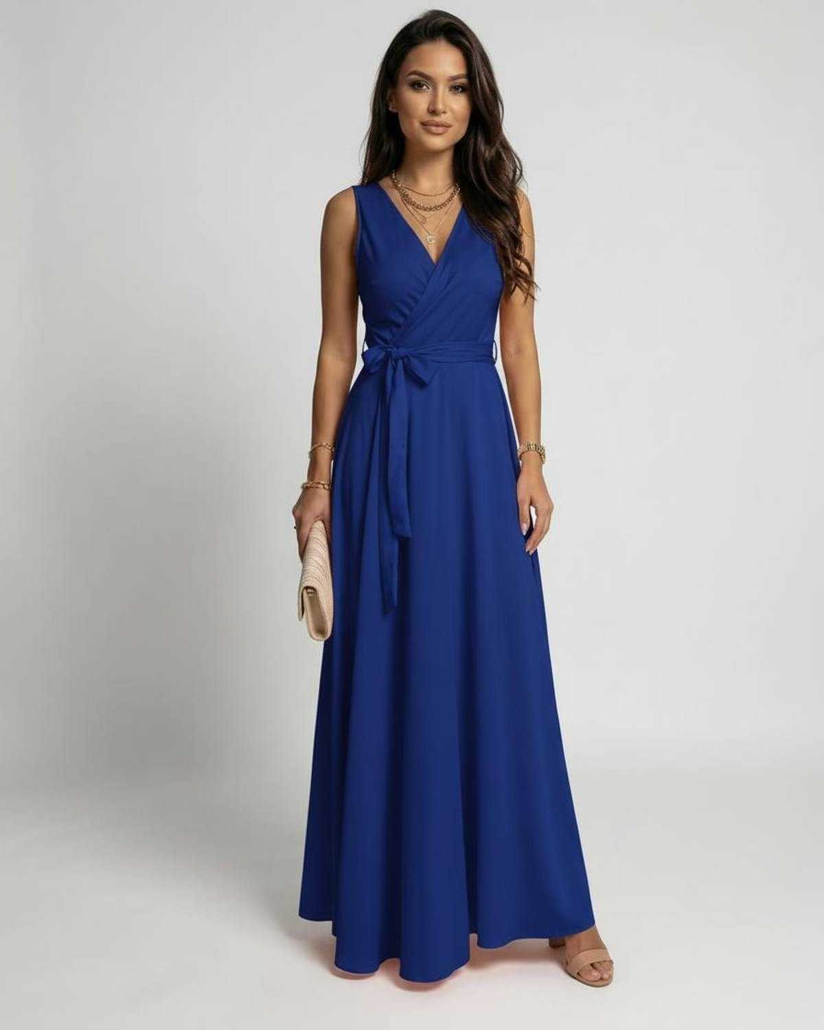 Mona Maxi Dress - Elegant blue ankle-length dress with V-neck, perfect for sophisticated occasions by RAMBLION.