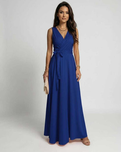 Mona Maxi Dress - Elegant blue ankle-length dress with V-neck, perfect for sophisticated occasions by RAMBLION.