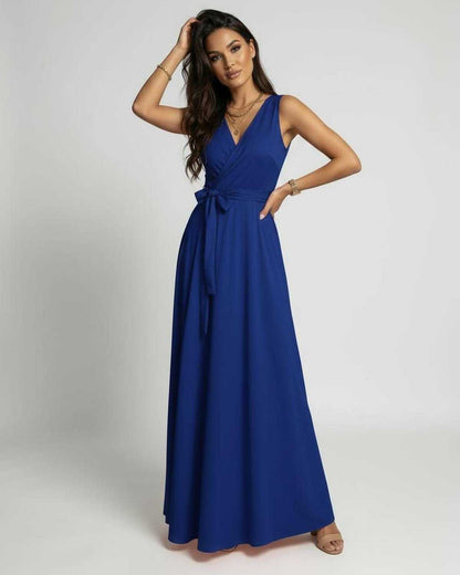 Mona Maxi Dress in blue, V-neck, ankle-length, elegant polyester satin, perfect for sophisticated occasions by RAMBLION.