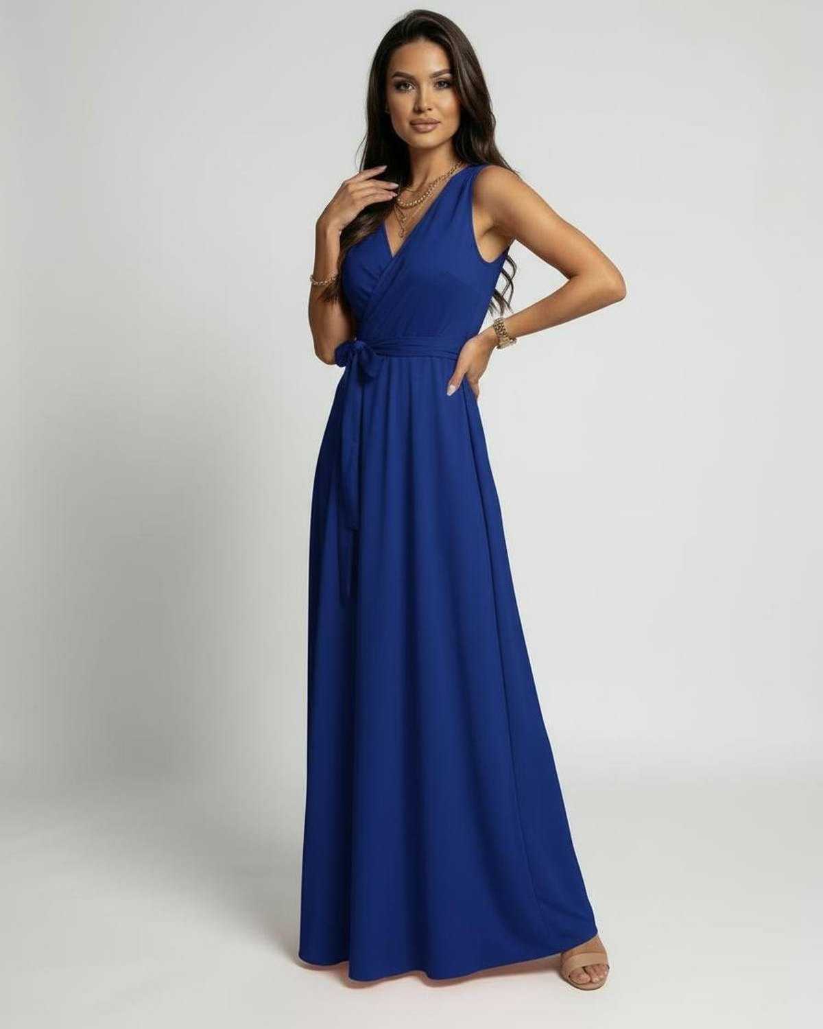 Mona Maxi Dress by RAMBLION, elegant ankle-length blue satin dress with V-neck, perfect for special occasions.