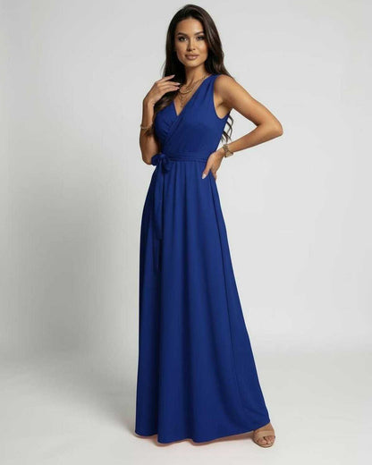 Mona Maxi Dress by RAMBLION, elegant ankle-length blue satin dress with V-neck, perfect for special occasions.