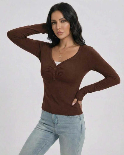 Mona Pullover by RAMBLION, brown, V-neck, soft fabric, perfect for cool weather, stylish and comfortable.