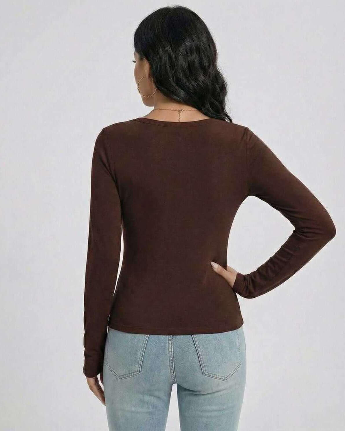 Mona Pullover back view, brown long-sleeve top by RAMBLION, soft feel for stylish cool-weather outfits.