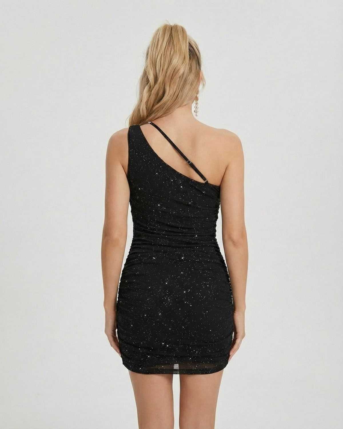 Back view of the Monaco Mini Dress by RAMBLION, featuring a one-shoulder design and stylish ruching.