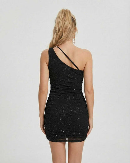 Back view of the Monaco Mini Dress by RAMBLION, featuring a one-shoulder design and stylish ruching.