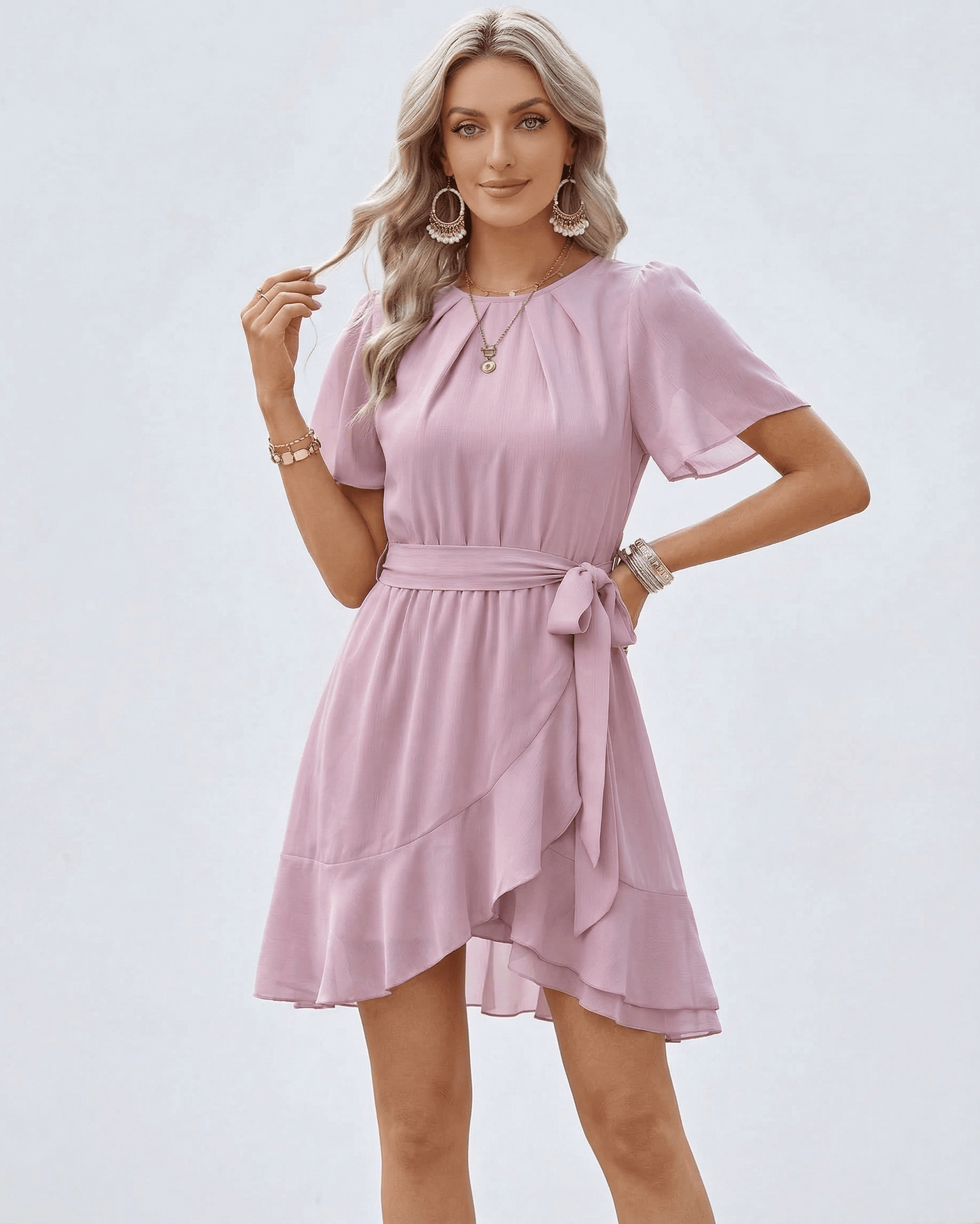 Mova Mini Dress by RAMBLION, pink satin, breathable, perfect for spring outings, chic and comfortable style.