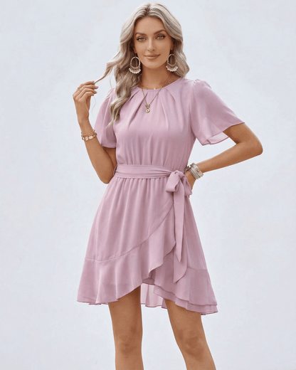 Mova Mini Dress by RAMBLION, pink satin, breathable, perfect for spring outings, chic and comfortable style.