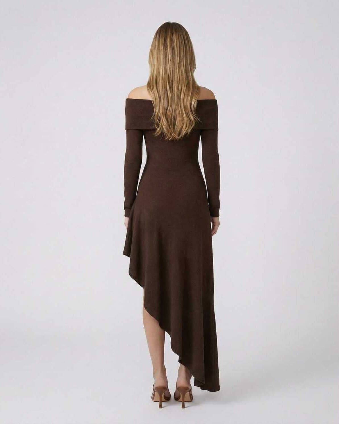 Moya Maxi Dress back view, brown off-shoulder ankle-length dress, sophisticated style by RAMBLION.