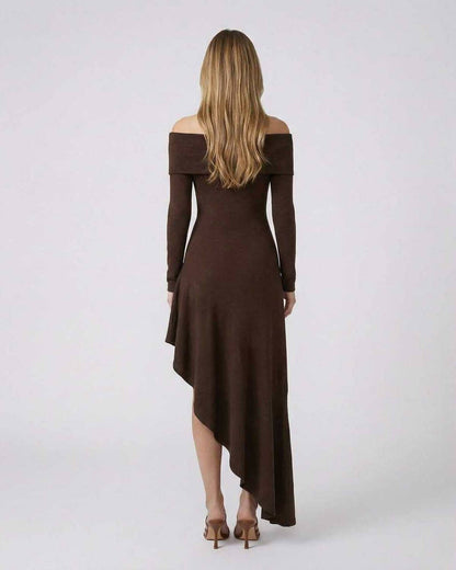 Moya Maxi Dress back view, brown off-shoulder ankle-length dress, sophisticated style by RAMBLION.