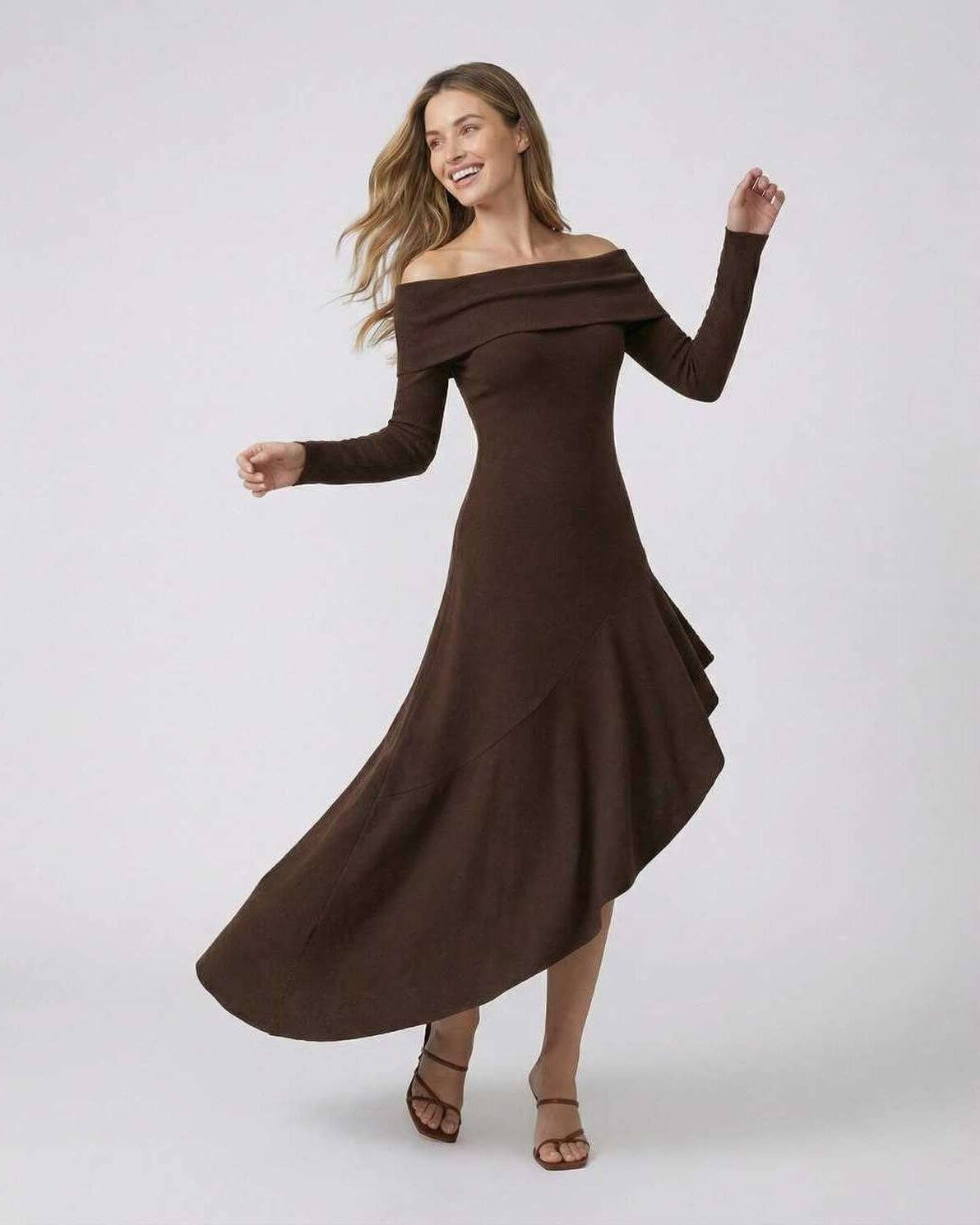 Moya Maxi Dress: brown ankle-length off shoulder dress by RAMBLION, smooth feel, chic silhouette perfect for any occasion.