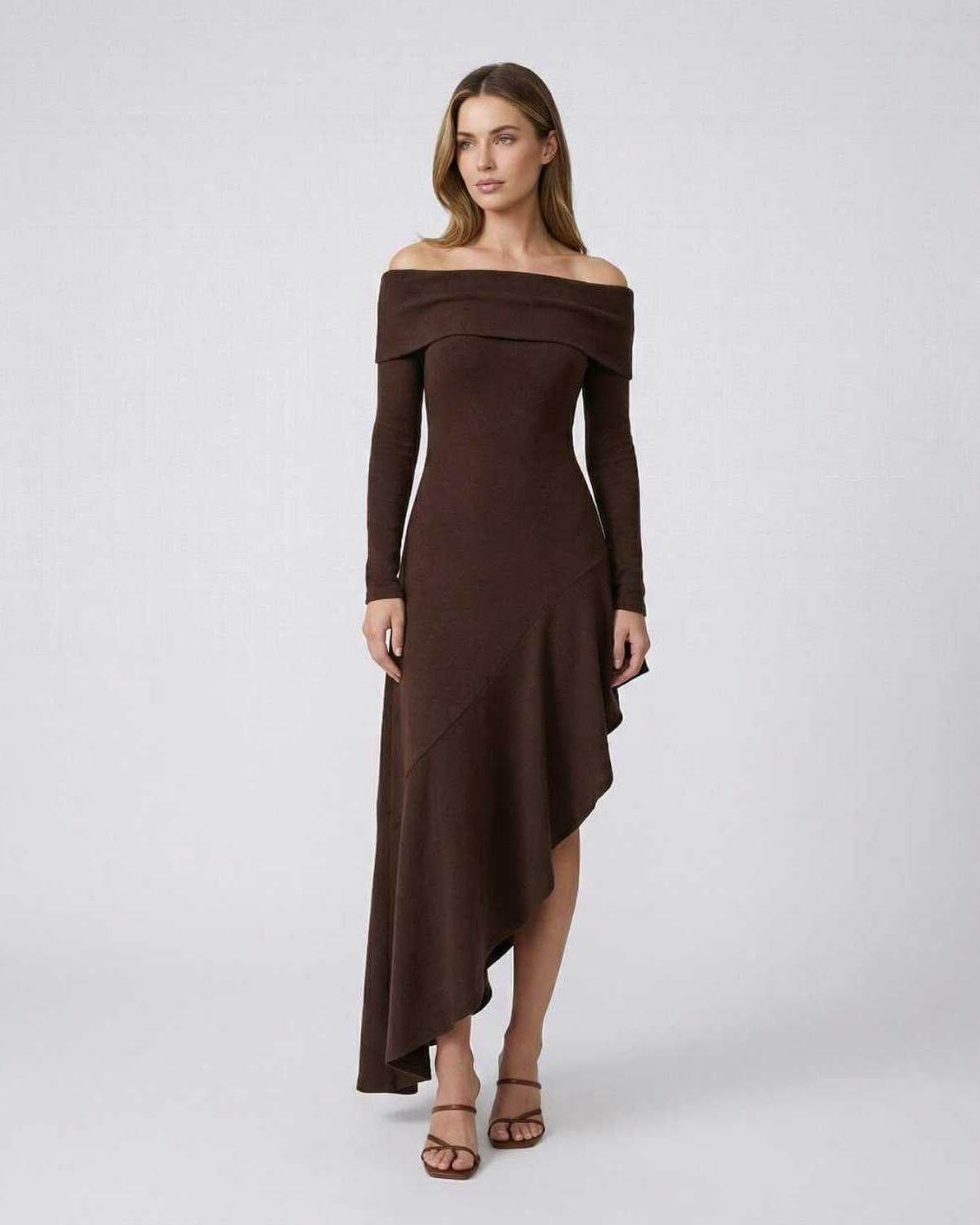 Moya Maxi Dress by RAMBLION, off shoulder, brown ankle-length dress, perfect for elegant occasions.
