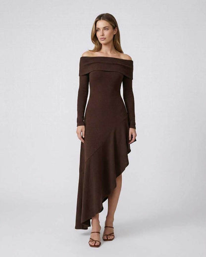 Moya Maxi Dress by RAMBLION, off shoulder, brown ankle-length dress, perfect for elegant occasions.