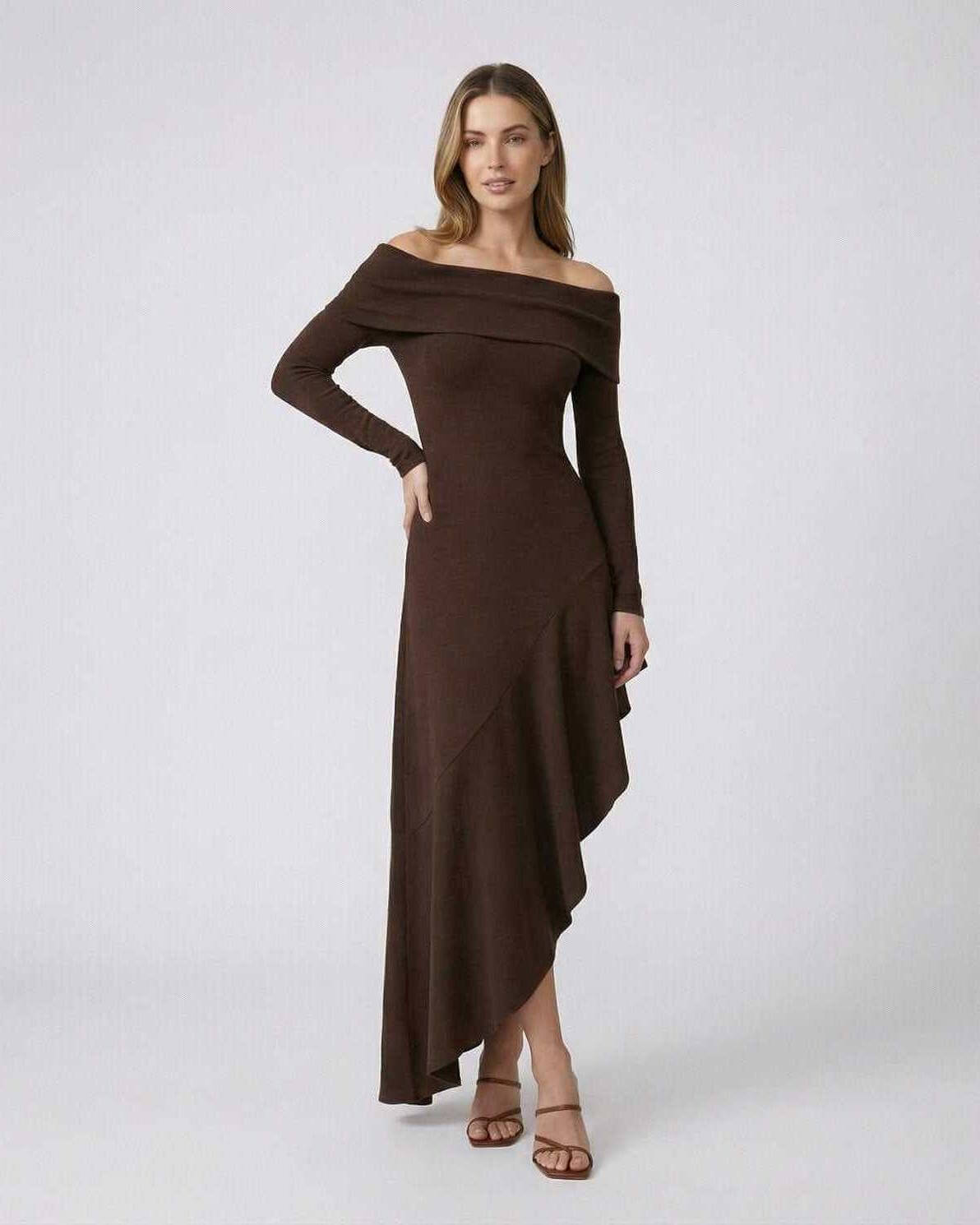 Moya Maxi Dress by RAMBLION, brown ankle-length, off-shoulder, polyester satin, chic silhouette for elegant occasions.