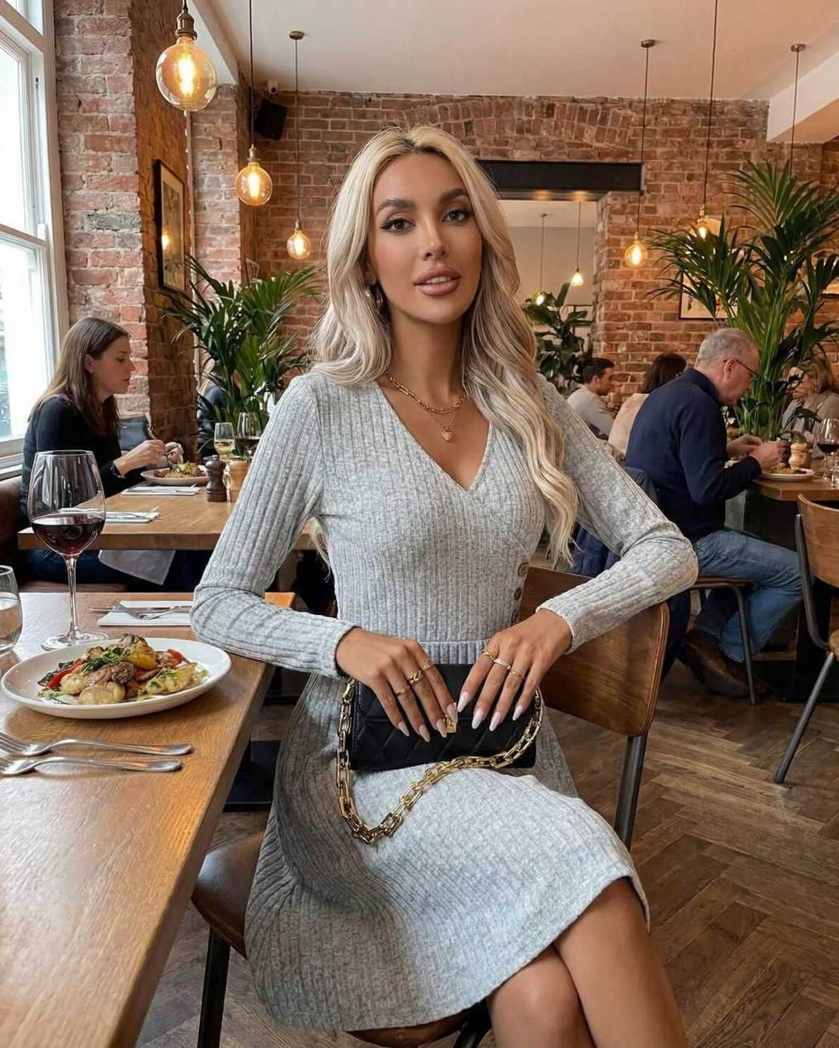 Mykonos Midi Dress: Grey midi dress with V-neck, long sleeves, perfect for chic dining occasions, by RAMBLION.
