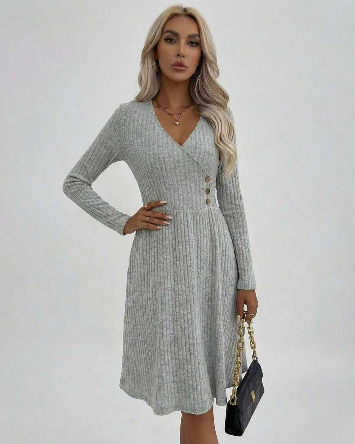 Mykonos Midi Dress featuring a grey ribbed texture, V-neck, long sleeves, elegant look by RAMBLION.