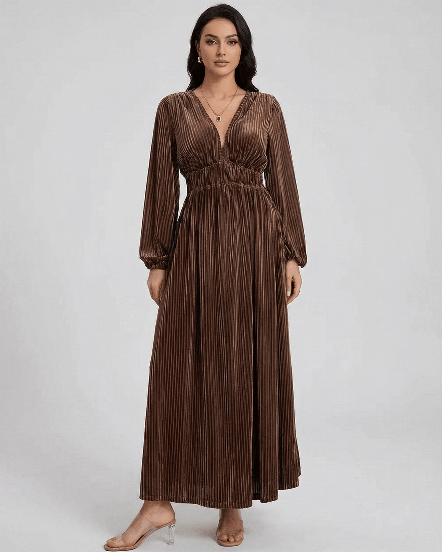Naha Maxi Dress: Brown ankle-length velvet dress, V neck, elegant pleated design, perfect for special occasions by RAMBLION.