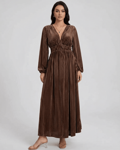 Naha Maxi Dress: Brown ankle-length velvet dress, V neck, elegant pleated design, perfect for special occasions by RAMBLION.