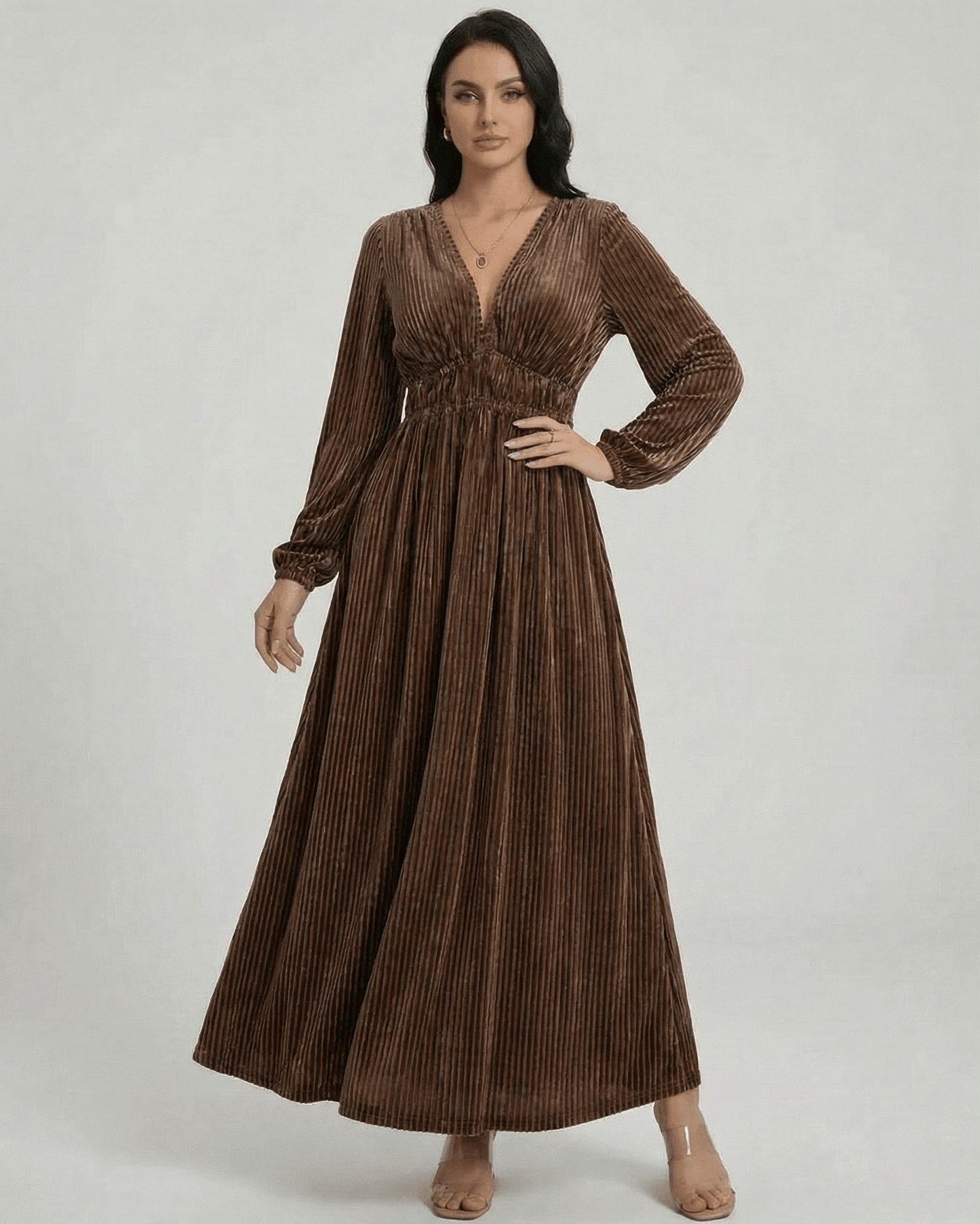 Naha Maxi Dress in brown velvet, V-neck, ankle-length, perfect for elegant occasions, by RAMBLION.