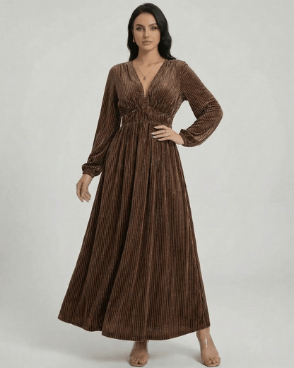 Naha Maxi Dress in brown velvet, V-neck, ankle-length, perfect for elegant occasions, by RAMBLION.